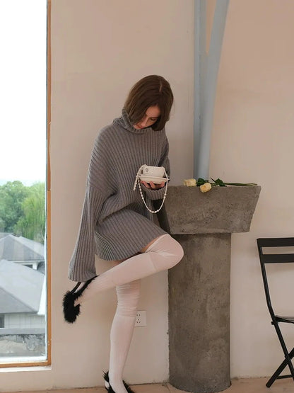 FU FRESH UP High Neck Cashmere Wool Cable Knit Midi Dress