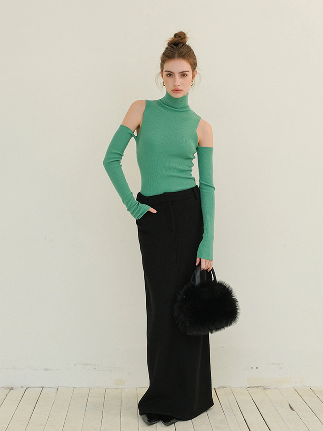 FU FRESH UP High Neck Off Shoulder Wool Knit Top