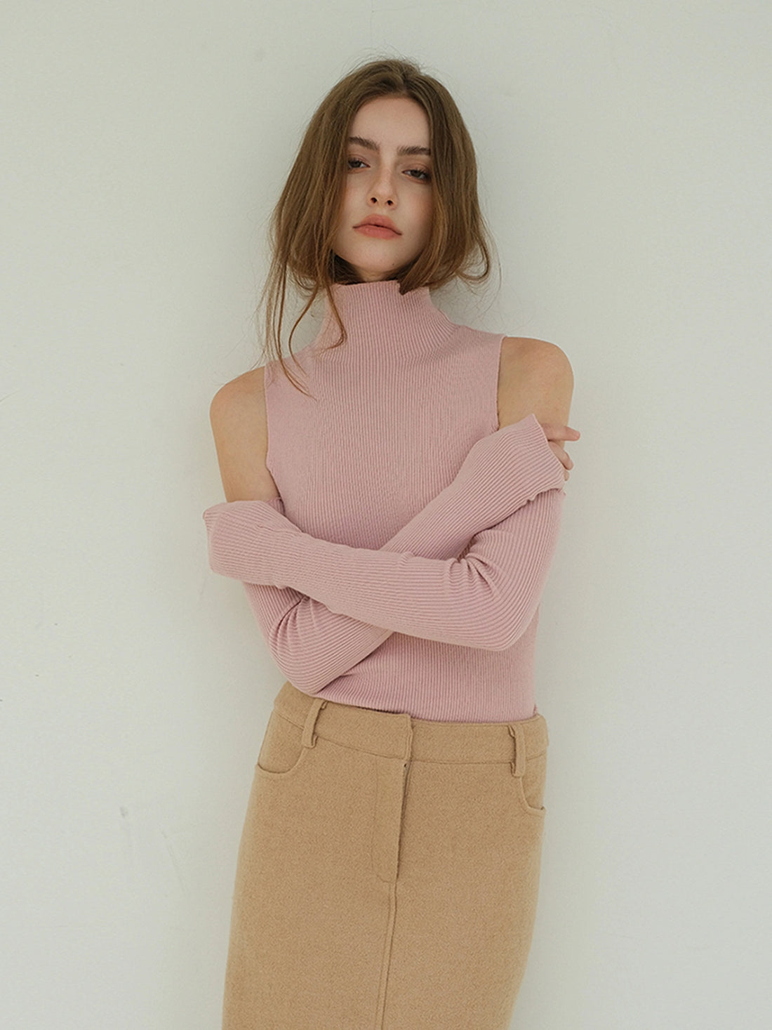 FU FRESH UP High Neck Off Shoulder Wool Knit Top