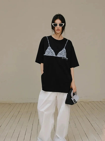 FU FRESH UP Lace Bra Print Relaxed Cotton Tee