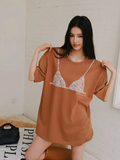 FU FRESH UP Lace Bra Print Relaxed Cotton Tee