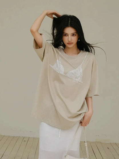 FU FRESH UP Lace Bra Print Relaxed Cotton Tee