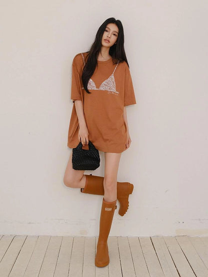 FU FRESH UP Lace Bra Print Relaxed Cotton Tee