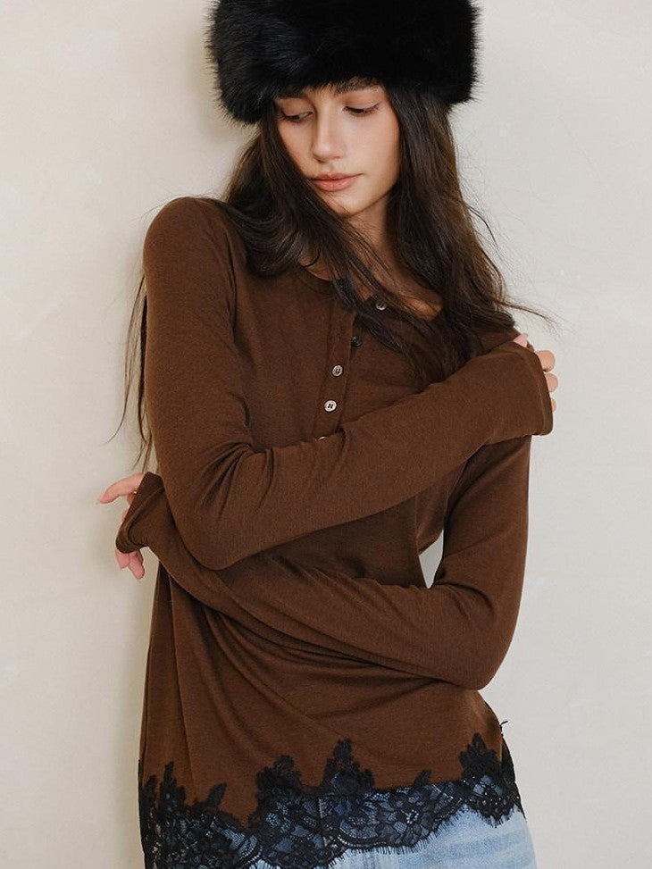 FU FRESH UP Lace Panel Henley Collar Slim Fit Women&