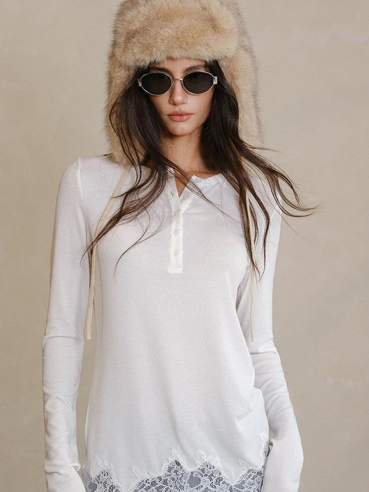 FU FRESH UP Lace Panel Henley Collar Slim Fit Women&