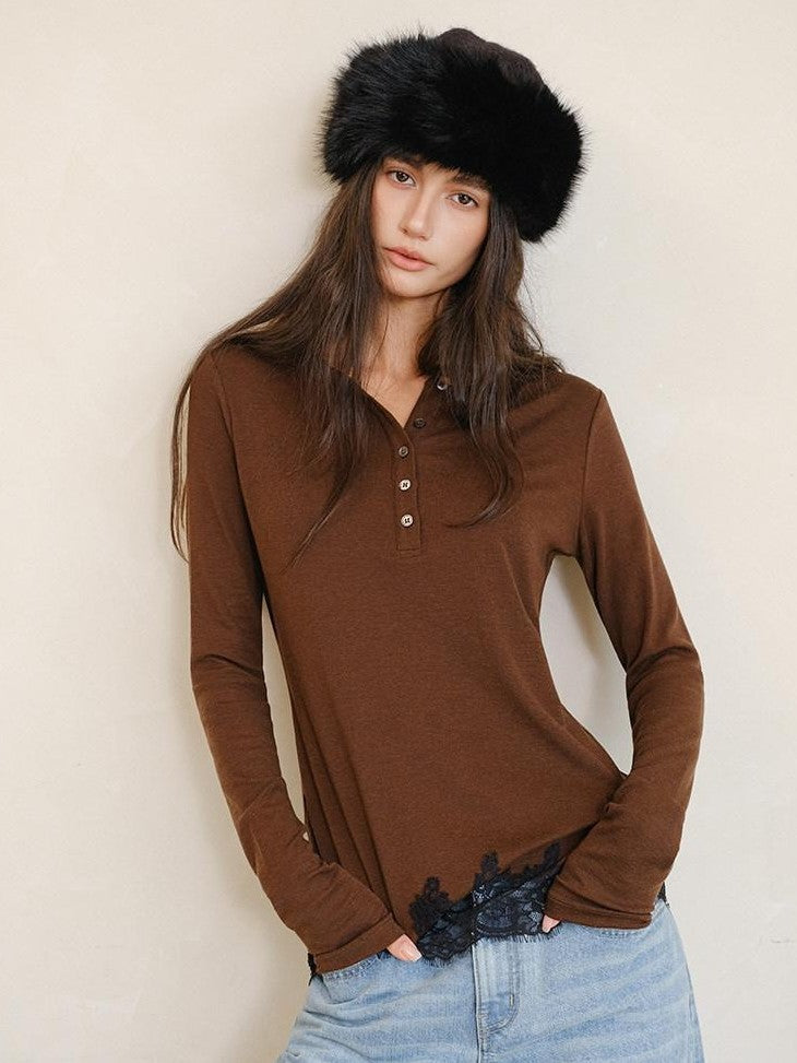 FU FRESH UP Lace Panel Henley Collar Slim Fit Women&