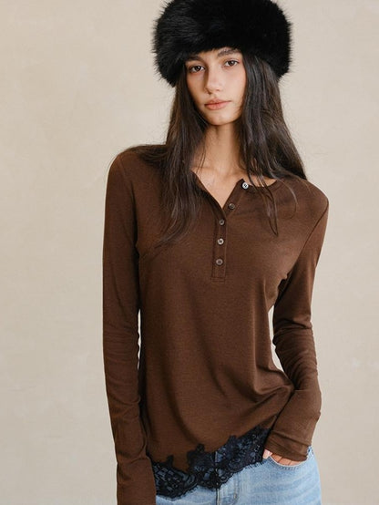FU FRESH UP Lace Panel Henley Collar Slim Fit Women&