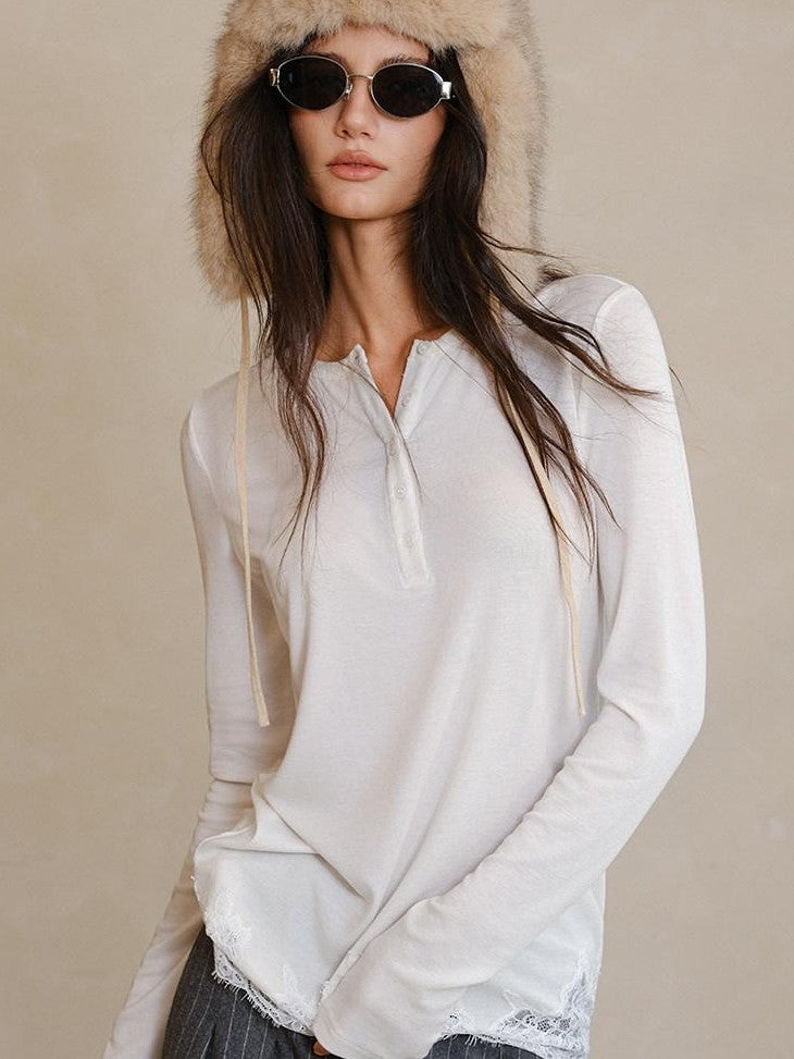 FU FRESH UP Lace Panel Henley Collar Slim Fit Women&