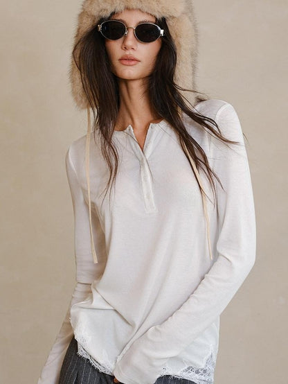 FU FRESH UP Lace Panel Henley Collar Slim Fit Women&