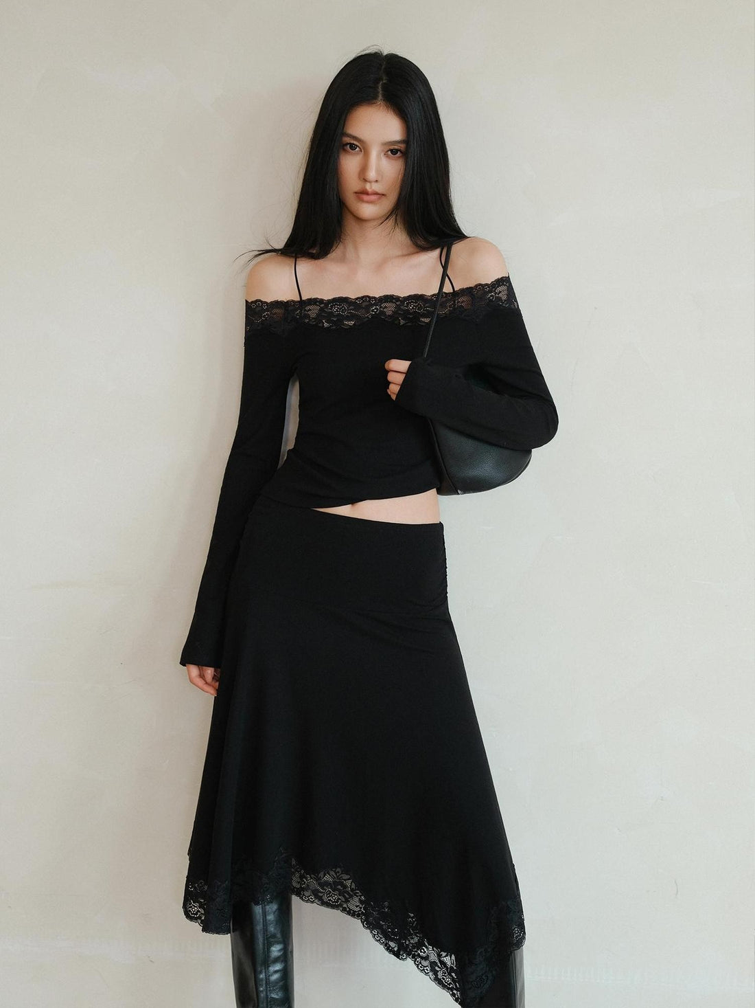 FU FRESH UP Lace Paneled Off Shoulder Wool Knit Cami High Waist Women&