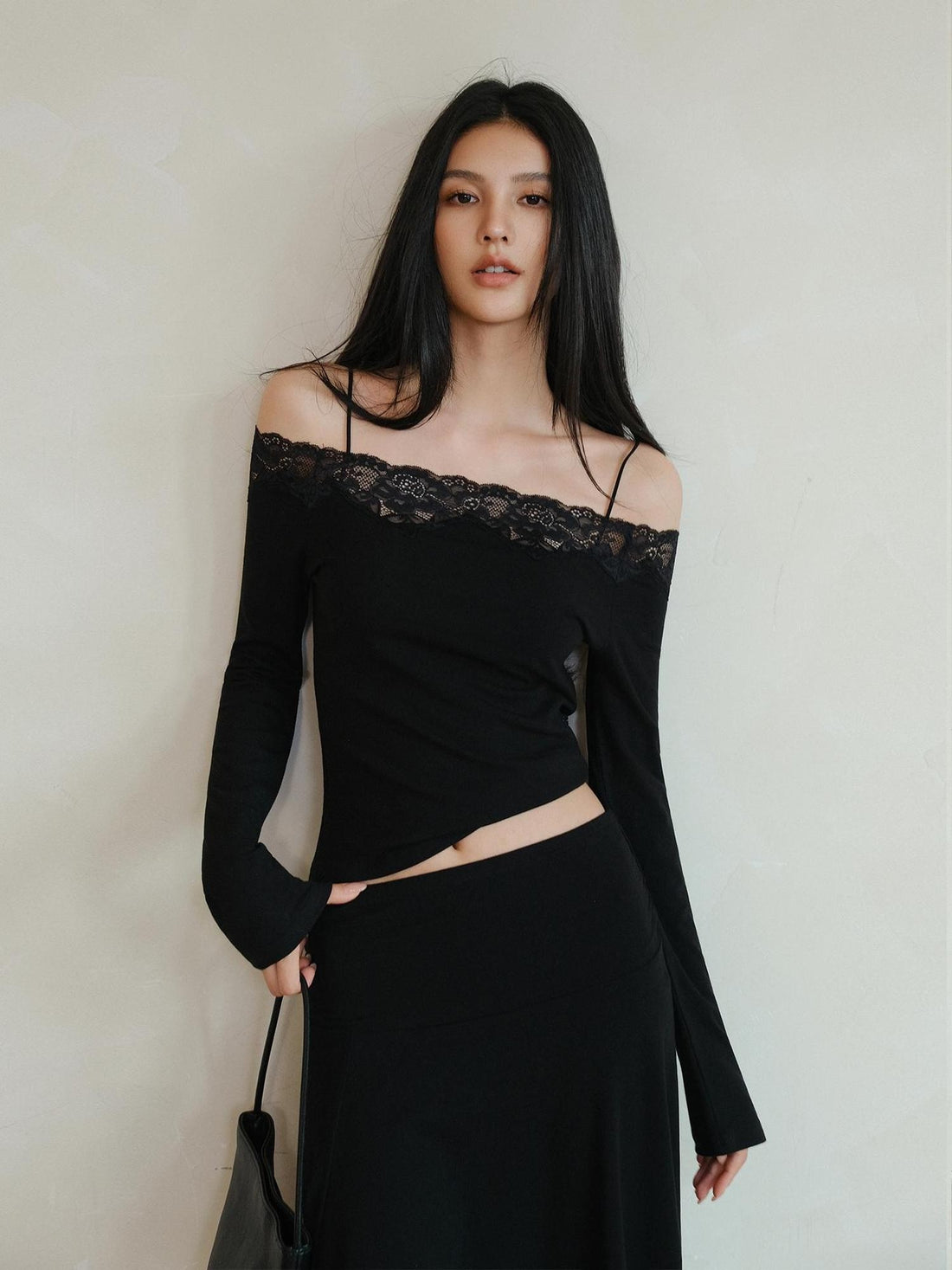 FU FRESH UP Lace Paneled Off Shoulder Wool Knit Cami High Waist Women&