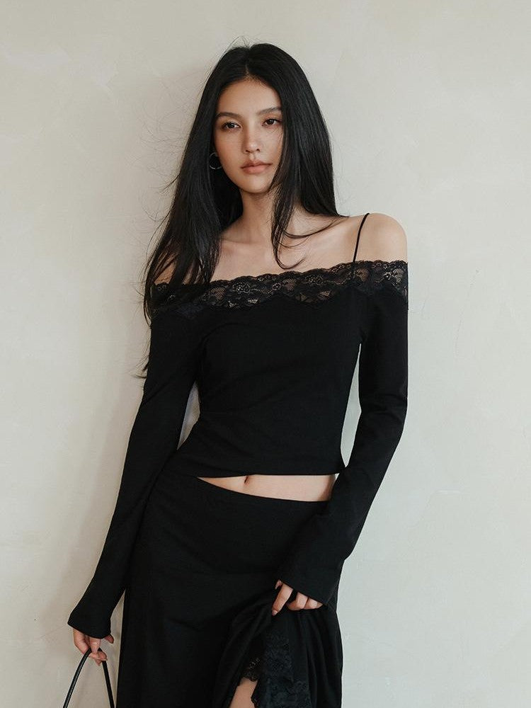 FU FRESH UP Lace Paneled Off Shoulder Wool Knit Cami High Waist Women&