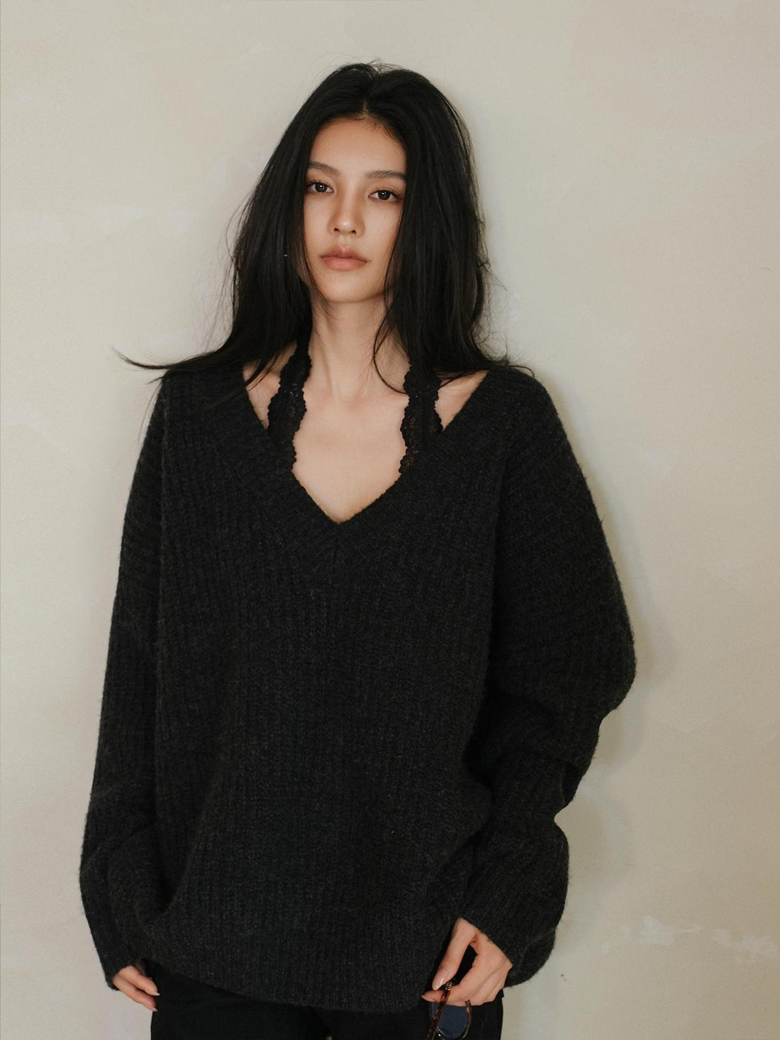 FU FRESH UP Lace Patchwork V-neck Knit Women&