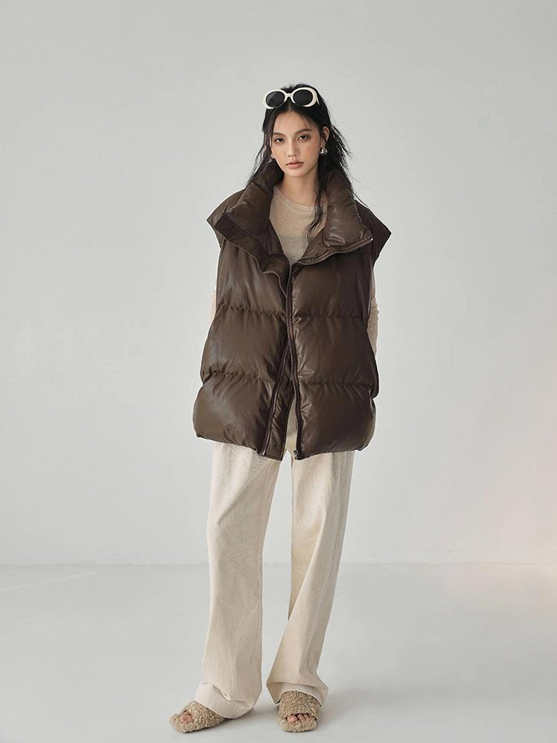 FU FRESH UP Lamb Leather Touch Down Vest V-neck T-shirt Long Sleeve