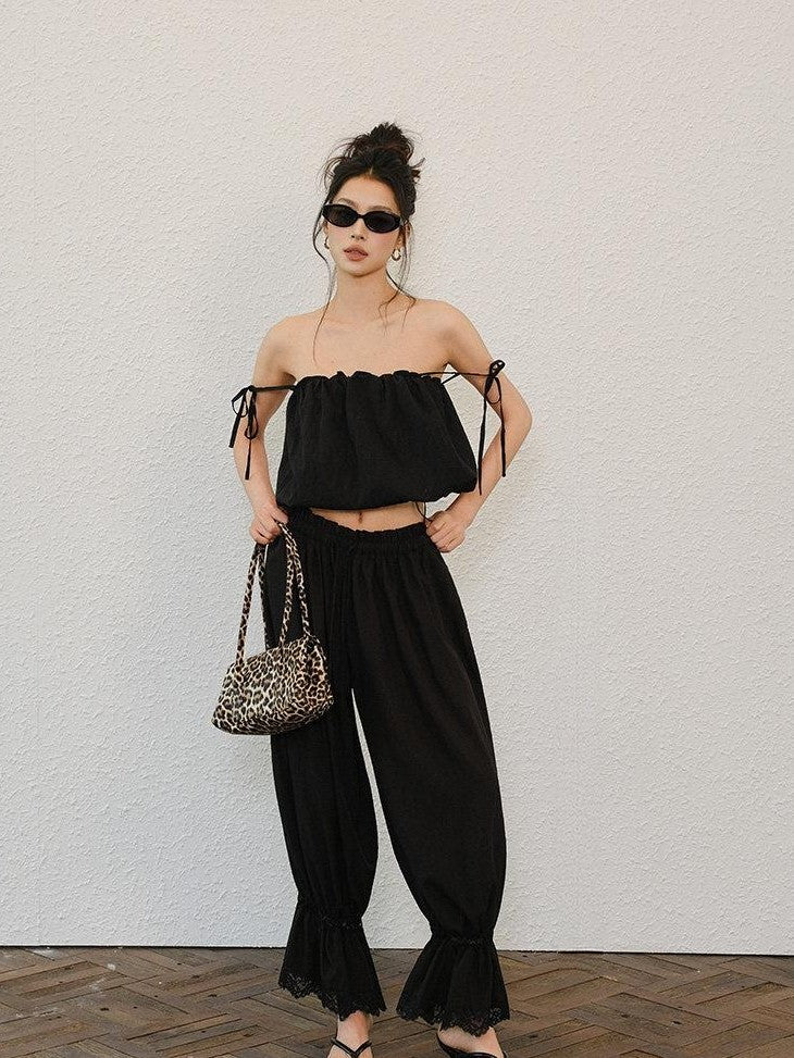 FU FRESH UP Lantern Lace Panel Tie High Waist Women&