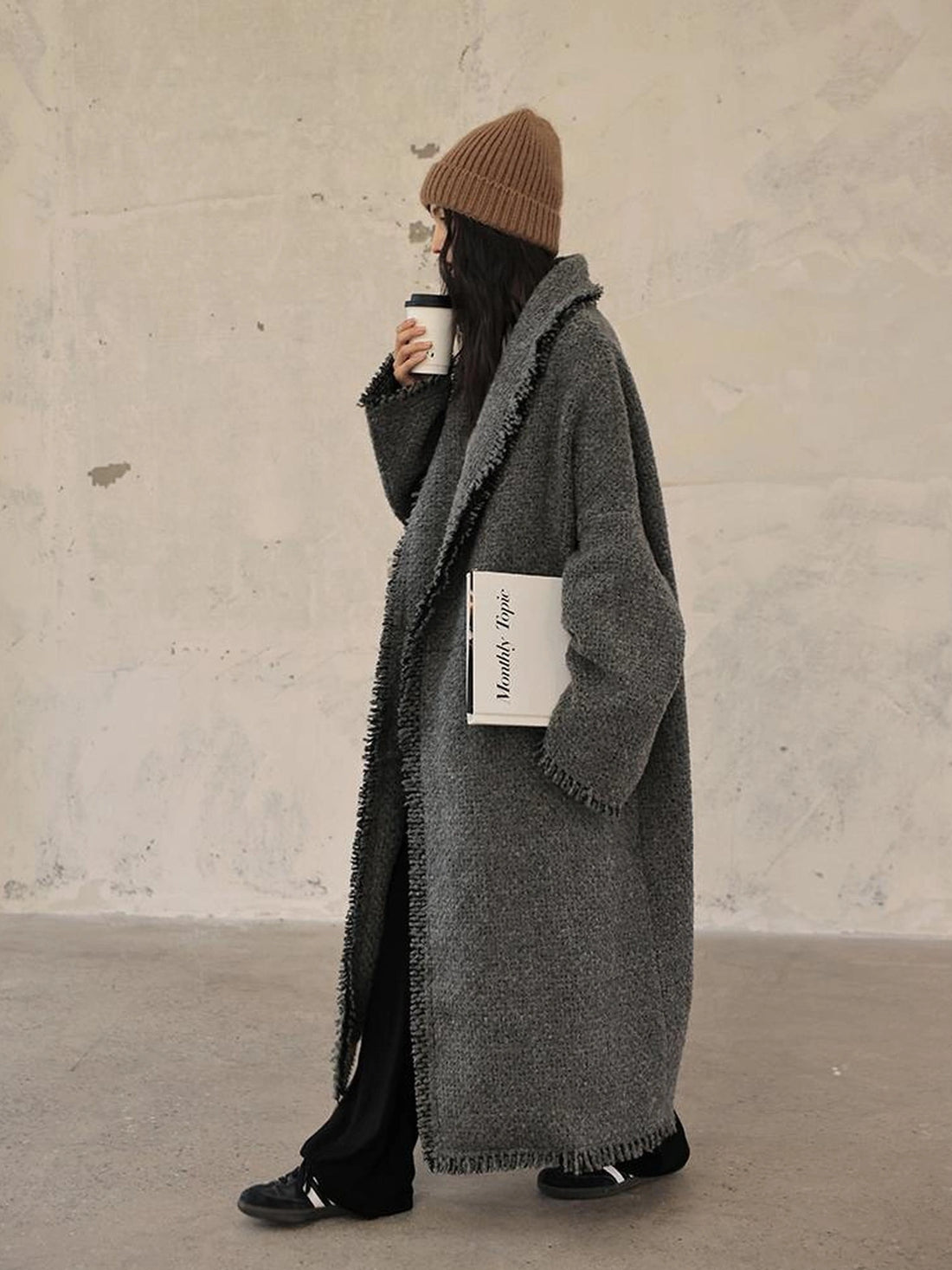 FU FRESH UP Lazy Fringe Wool Blend Long Cardigan Coat