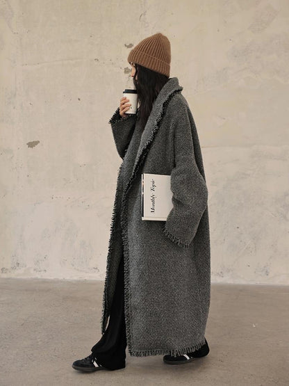 FU FRESH UP Lazy Fringe Wool Blend Long Cardigan Coat
