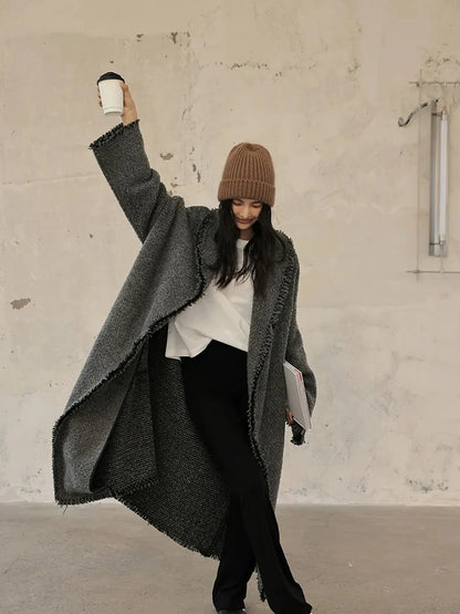 FU FRESH UP Lazy Fringe Wool Blend Long Cardigan Coat