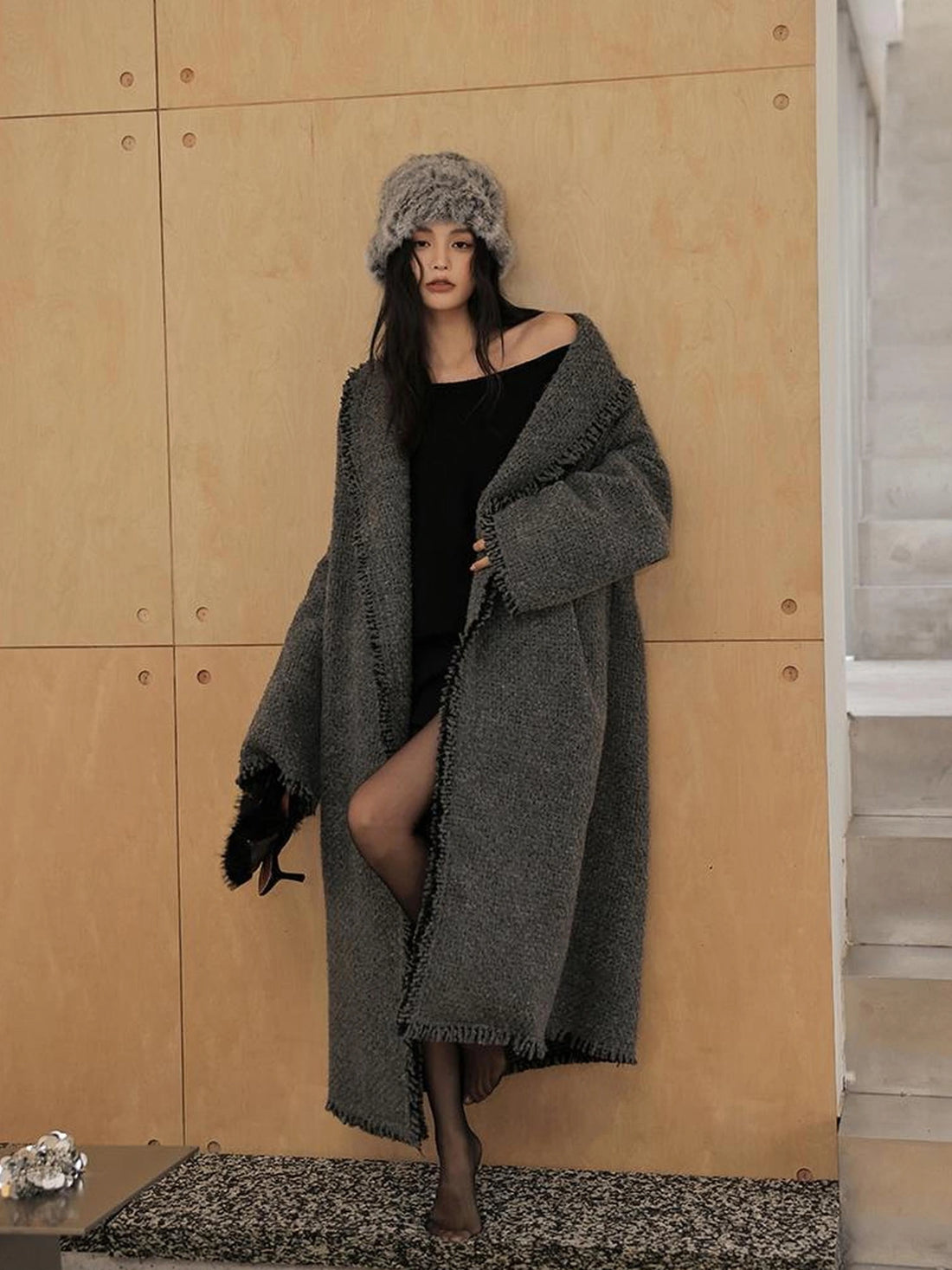 FU FRESH UP Lazy Fringe Wool Blend Long Cardigan Coat