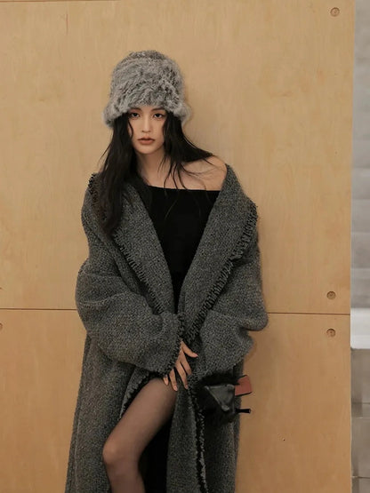 FU FRESH UP Lazy Fringe Wool Blend Long Cardigan Coat