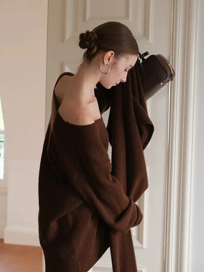 FU FRESH UP Lazy Knit Wool Sweater Set With Shawl Collar