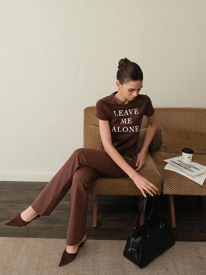 FU FRESH UP Leave Me Alone Slogan Contrast Color Tee V-Neck T-Shirt Long-Sleeve