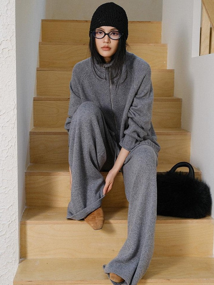 FU FRESH UP Letter Jacquard Stand Collar Wide Leg Women&