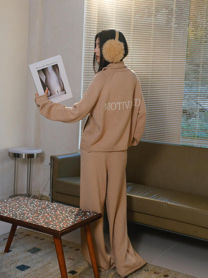 FU FRESH UP Letter Jacquard Stand Collar Wide Leg Women&