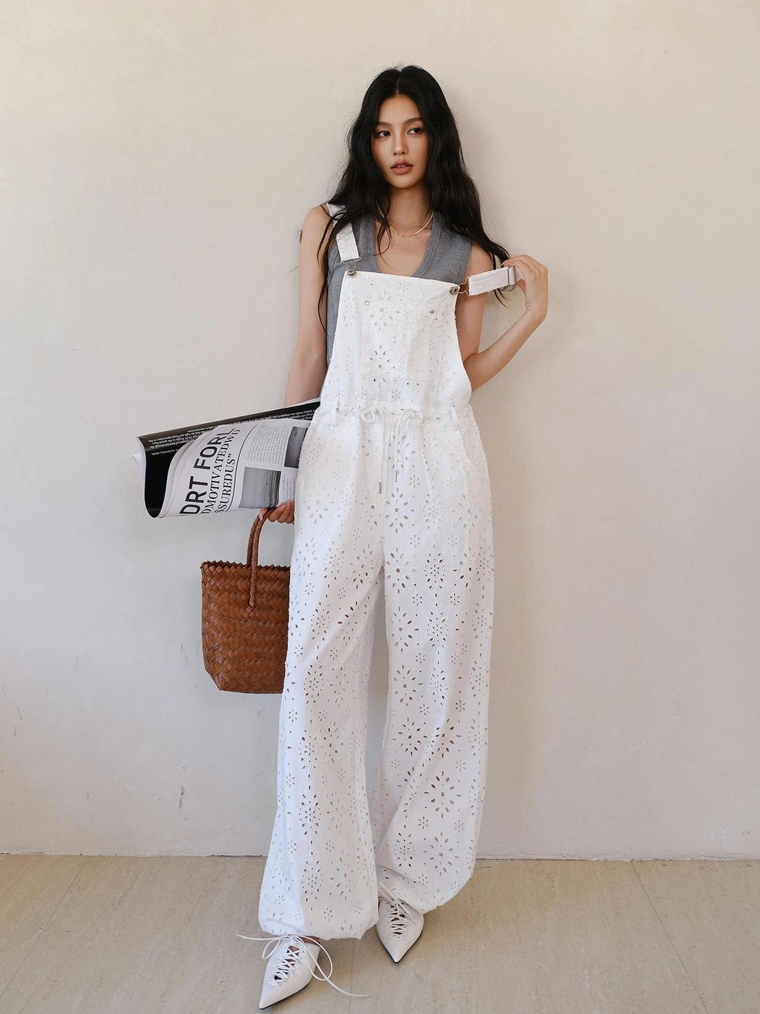 FU FRESH UP Lightweight Embroidered Linen Overalls