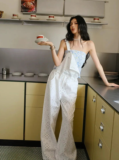 FU FRESH UP Lightweight Embroidered Linen Overalls