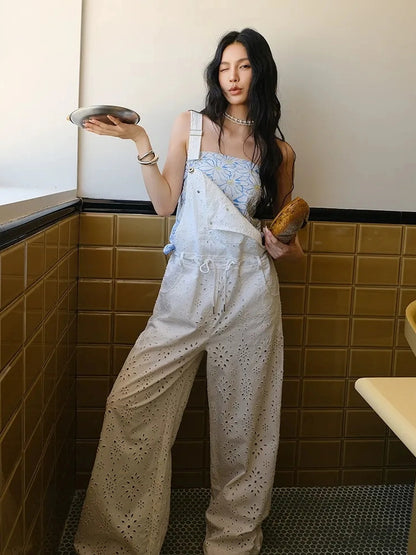 FU FRESH UP Lightweight Embroidered Linen Overalls