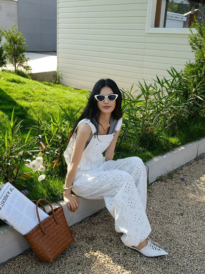 FU FRESH UP Lightweight Embroidered Linen Overalls