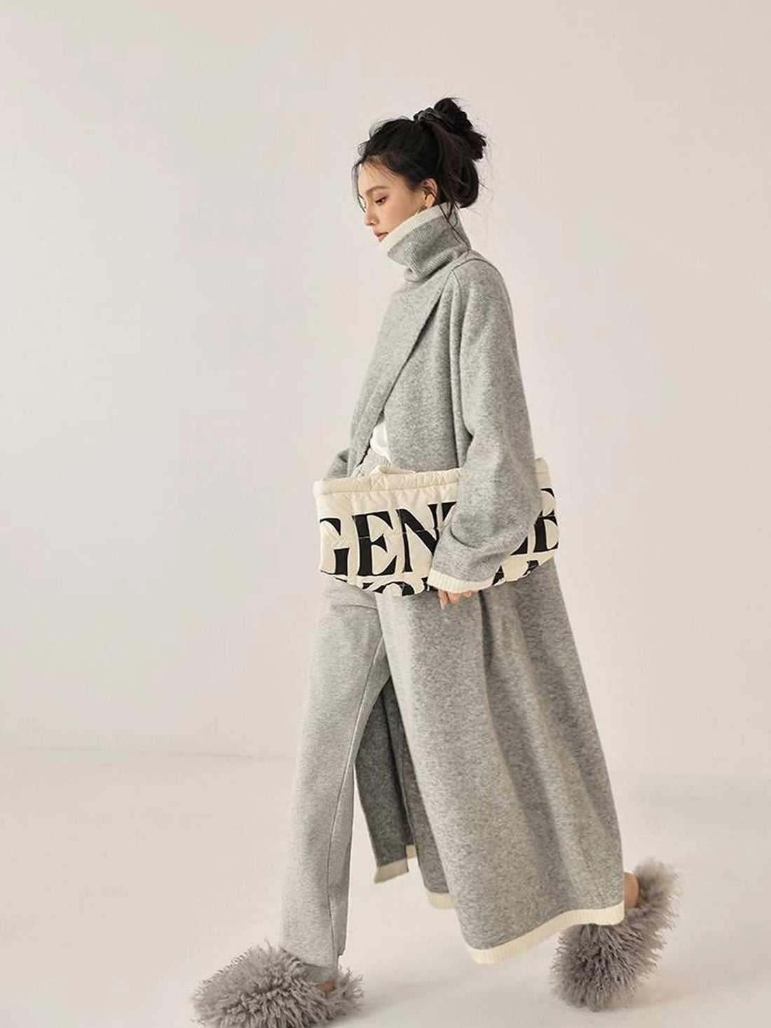 FU FRESH UP Long Asymmetrical Front Slit Alpaca Wool Turtleneck Sweater