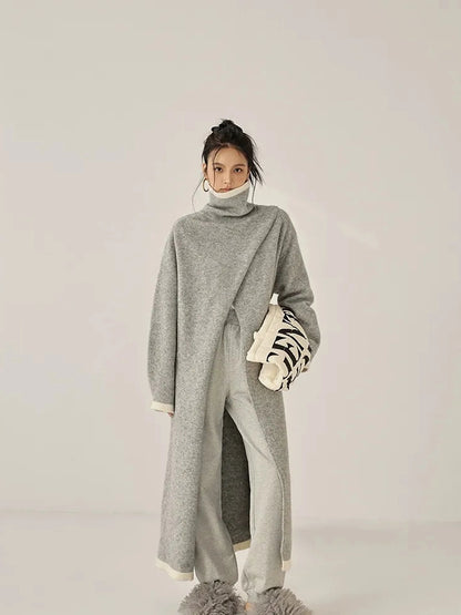 FU FRESH UP Long Asymmetrical Front Slit Alpaca Wool Turtleneck Sweater
