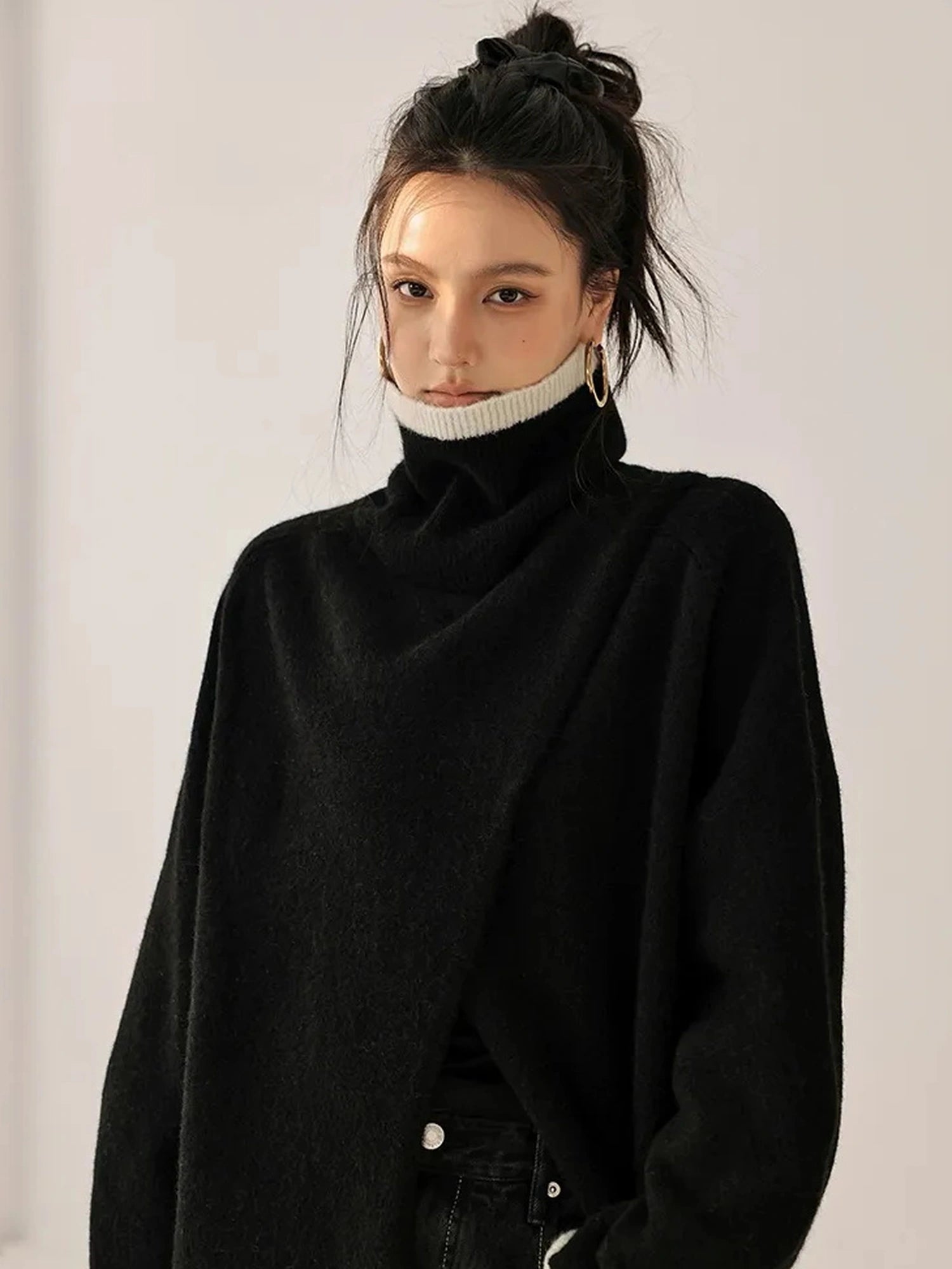 FU FRESH UP Long Asymmetrical Front Slit Alpaca Wool Turtleneck Sweater