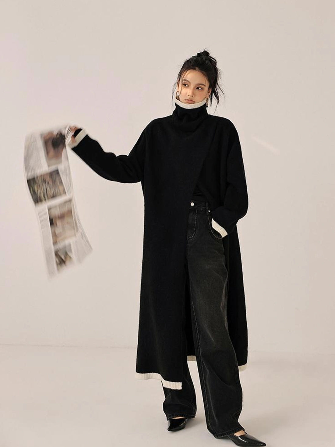 FU FRESH UP Long Asymmetrical Front Slit Alpaca Wool Turtleneck Sweater