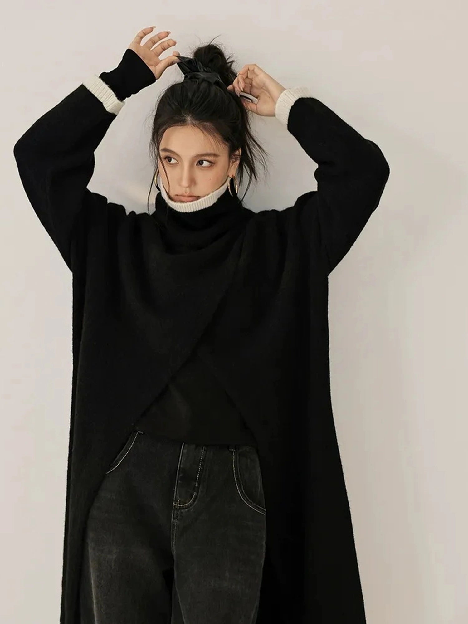 FU FRESH UP Long Asymmetrical Front Slit Alpaca Wool Turtleneck Sweater