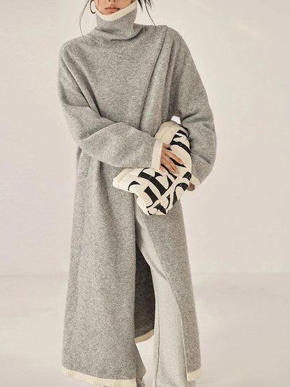 FU FRESH UP Long Asymmetrical Front Slit Alpaca Wool Turtleneck Sweater