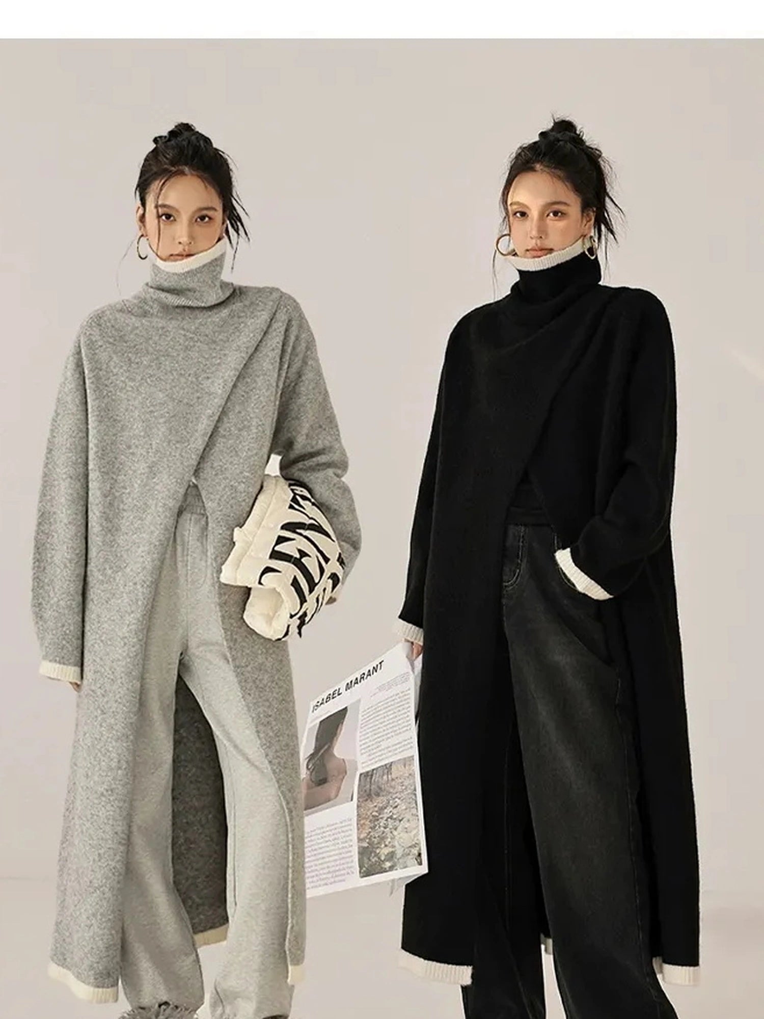 FU FRESH UP Long Asymmetrical Front Slit Alpaca Wool Turtleneck Sweater