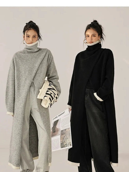 FU FRESH UP Long Asymmetrical Front Slit Alpaca Wool Turtleneck Sweater