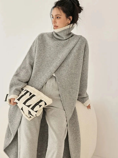 FU FRESH UP Long Asymmetrical Front Slit Alpaca Wool Turtleneck Sweater