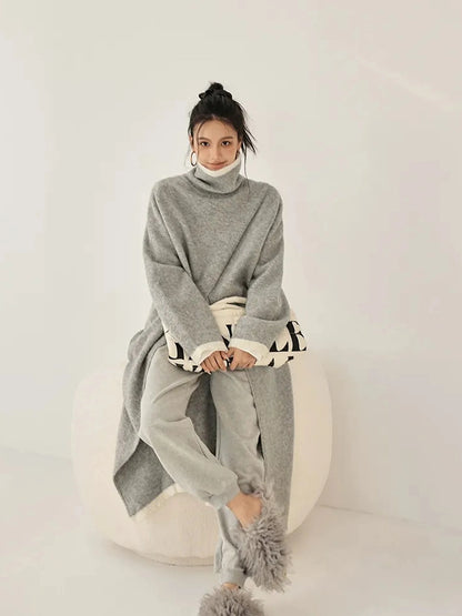 FU FRESH UP Long Asymmetrical Front Slit Alpaca Wool Turtleneck Sweater