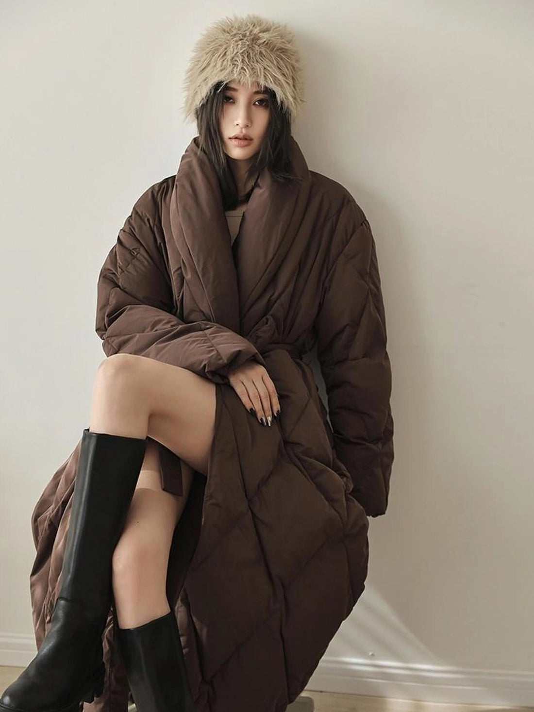 FU FRESH UP Long Padded Quilted Down Coat With Waist Tie