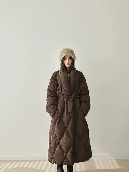 FU FRESH UP Long Padded Quilted Down Coat With Waist Tie