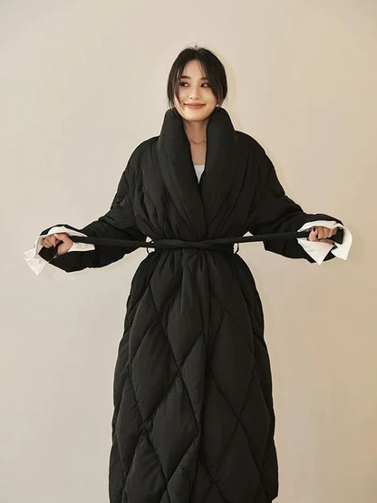 FU FRESH UP Long Padded Quilted Down Coat With Waist Tie