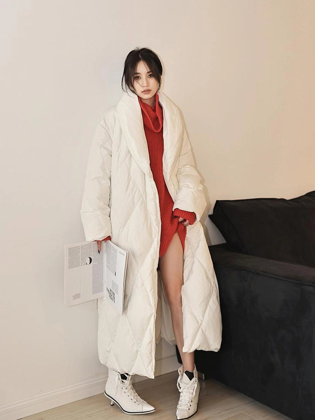 FU FRESH UP Long Padded Quilted Down Coat With Waist Tie