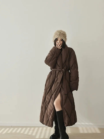 FU FRESH UP Long Padded Quilted Down Coat With Waist Tie