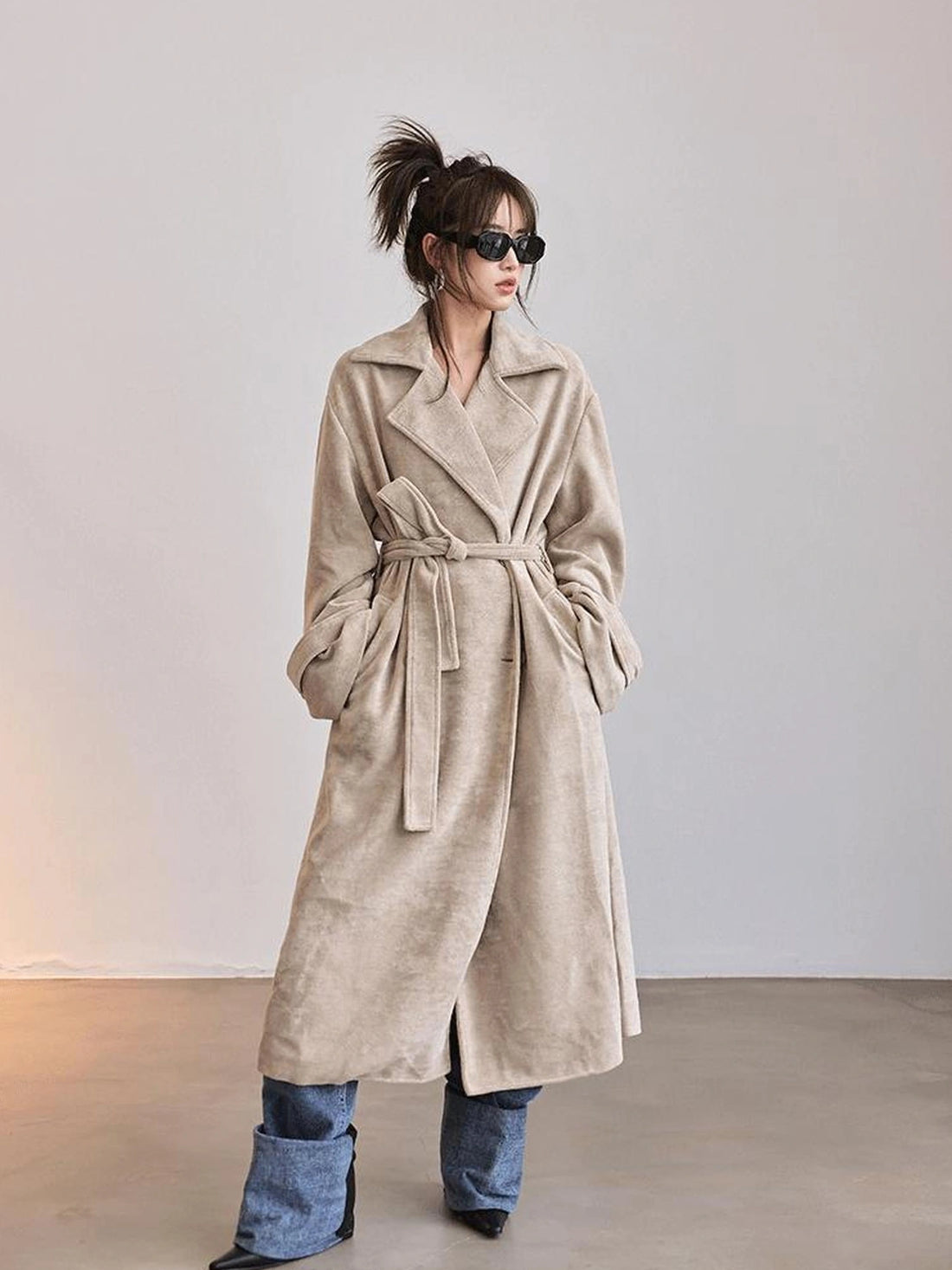FU FRESH UP Long Plush Towel Fabric Trench Coat