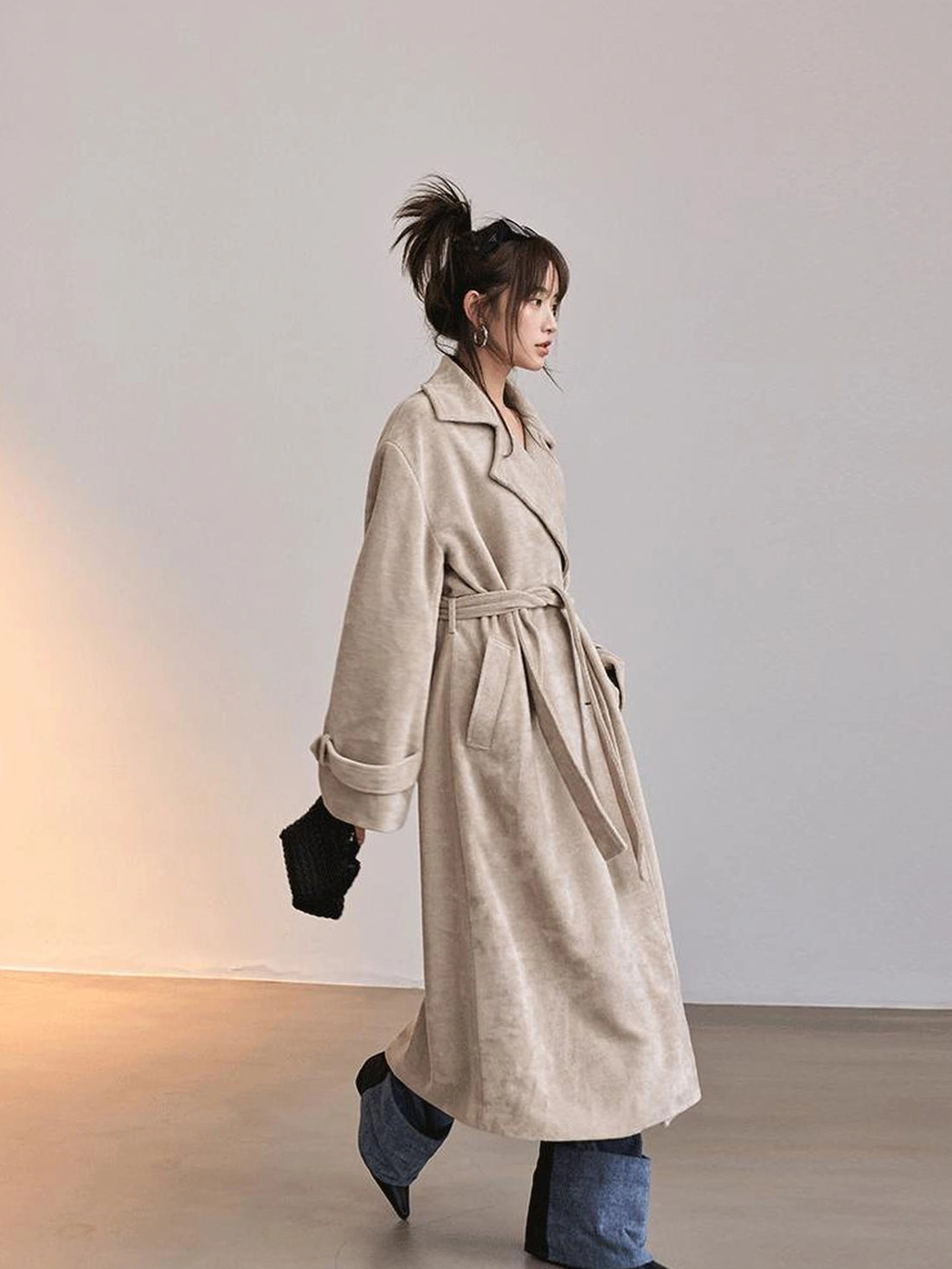 FU FRESH UP Long Plush Towel Fabric Trench Coat
