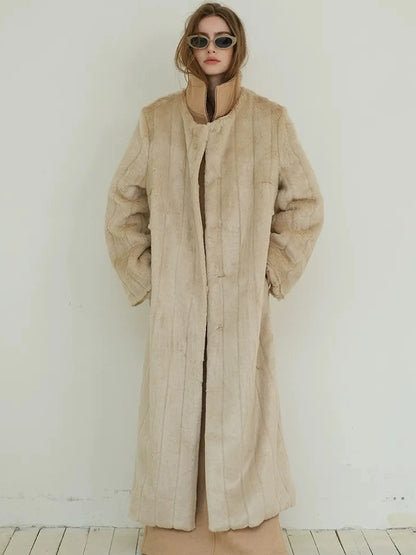 FU FRESH UP Long Plush Vertical Stripe Faux Fur Coat